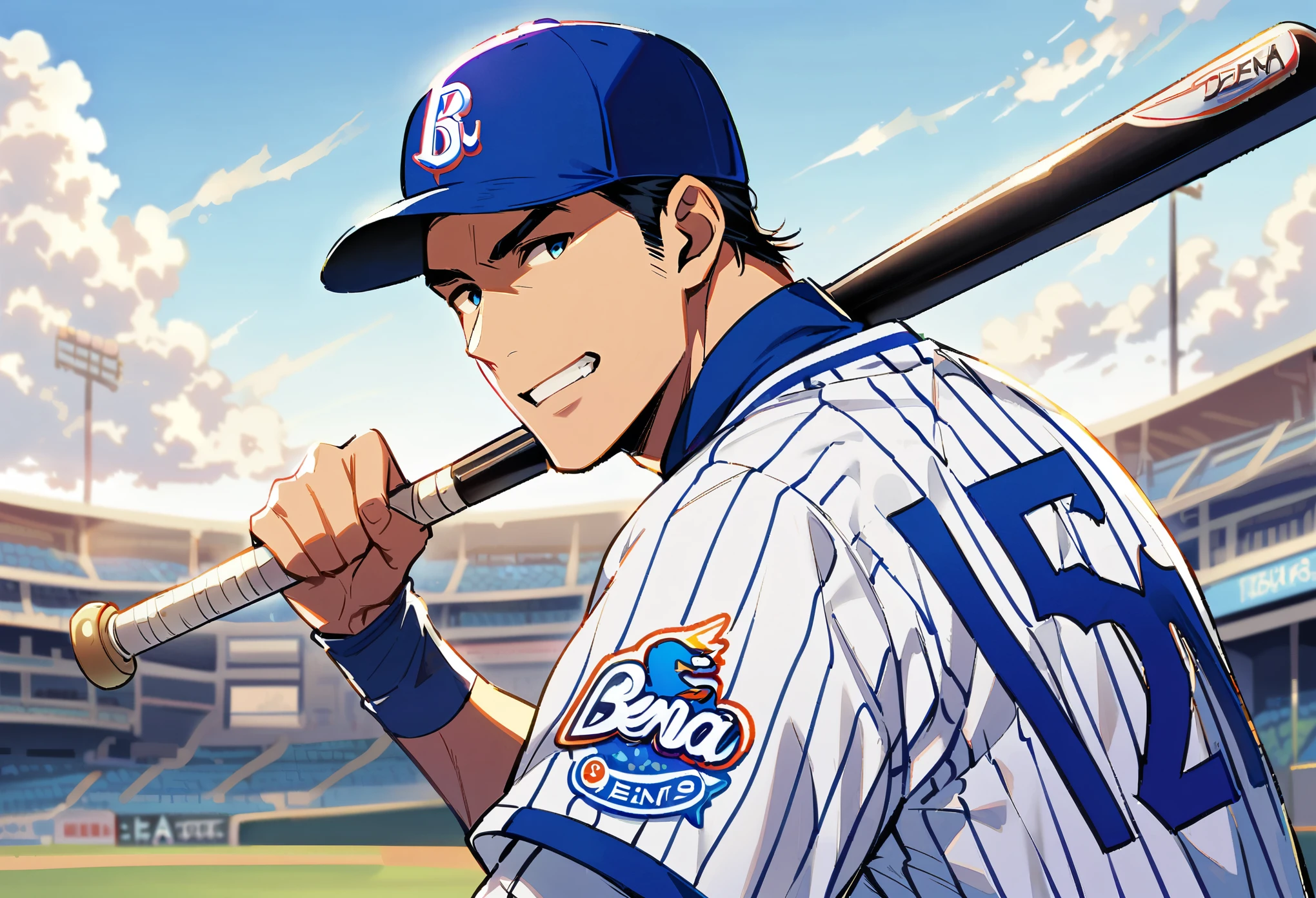 ((1 Male, Pro baseball player)), Yokohama DeNA Baystars, Blue and white baseball uniforms, Batter's swing, Detailed bat, Sharp Eyes, Accurate batting, The ball flies in an arc, Stadium frenzy, Back screen and scoreboard, Cheering squad in the audience, Lively atmosphere, Dynamic Angle, ((Realistic, Anime illustration)), (Highest quality:1.2, Very detailed, Ultra-high resolution, High Detail, masterpiece:1.2, Best aesthetics).