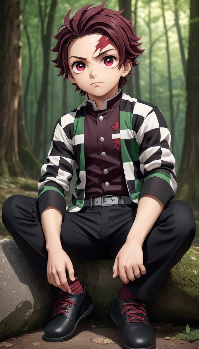 One boy,Juvenal, Super detaileded face masterpiece, Super detailed, forest, beginning, Checkered clothing,Demon Slayer uniform, Black trousers, Sitting, Crimson Eyes,
A pure face without impurities,
 (masterpiece:1.2), Highest quality, High resolution, unity 8k wallpaper, (figure:0.8), (Beautiful attention to detail:1.6), Highly detailed face, Perfect lighting, Highly detailed CG, (Perfect Anatomy),