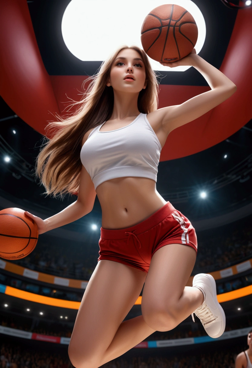 ((Masterpiece, top quality, high resolution)), ((highly detailed CG unified 8K wallpaper)), (stunning goddess shot, so hot and sexy, jaw dropping beauty, perfect proportions, beautiful body, slim body beauty:0.8)a sexy basketball lady doing slam dunk(ball in hand)((jumping and throwing the ball to the ring)) thirty degrees left view, view from below, tight and transparent crop top, perfect busty, long straight hair, wide lens viewer, super detailed, long shot, fish eye lens, best quality wallpaper, 8k, absurdity, expressive realism, perfect lightness