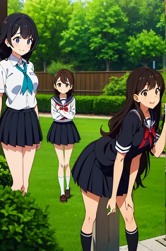 (Three Women:1.5) ,Dark Brown Hair,Black Hair,(Nose Brush:1.7) ,Surprised,smile,(school uniform),(Panties in full view:1.7),(Extremely high quality),(mini skirt),nature,garden,Shiny legs, Thighs,Cute face,tall,squat,Wet and see-through