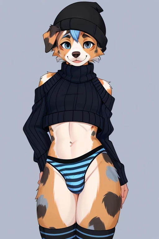 ((SFW)) ((18, cute, furry, Australian Shepherd dog boy femboy wearing blue thin, low panties with a bulge, black beanie, blue and black striped croptop sweater with tops of shoulders exposed, and black and blue striped thigh-high socks, best quality)) ((about to pull down panties)) ((exposed hips)) 