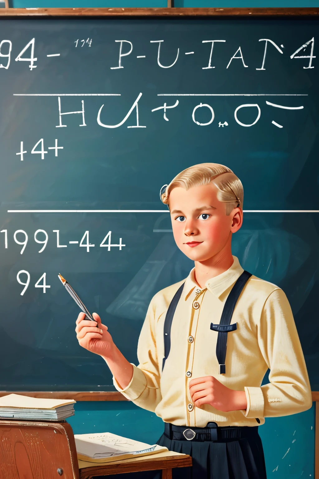 Berlin, 1940. A young ((((-yeld)) ner Pfennig)), young man, standing in class, writing on a chalkboard, ((((clothings from the 1940s)))), ((platinum blonde hairstyle of the 1940s))
