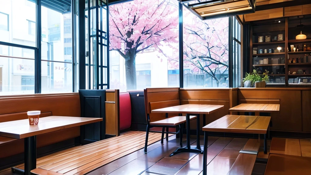 At a quiet cafe in the city at night、Neon lights shine gently through the window.。In one corner of the cafe, a character is sitting and looking relaxed.。Long hair sparkling、The big eyes are calm、A hot cup of coffee in hand。The background is in soft pastel colors.、Blue and pink tones create a soothing atmosphere.。There are bookshelves and potted plants inside the cafe.、Outside, the cherry blossoms are in full bloom。