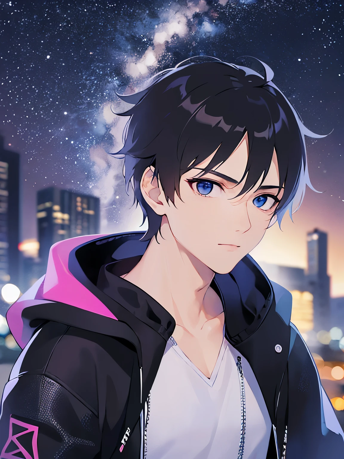 (running:1.5)(25-year-old male:1.5) and (Black short hair) and (blue eyes)、(looking away:1.5),upper body、Shooting from diagonally below、
shiny skin, masterpiece、Highest quality、
black hoodie ,
Night Park、grass、illumination、(Night Sky:1.5)
