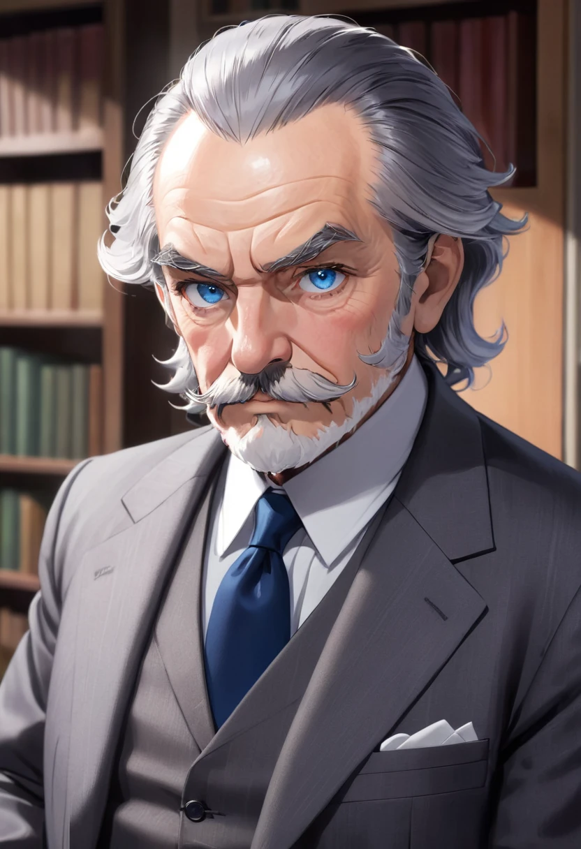 Old man, gruff, suit, in a study, blue eyes, stern looking, sideburns, mustache, grey hair
