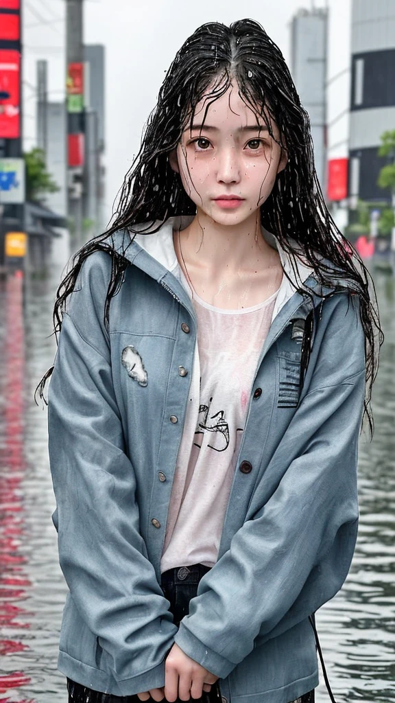 １People Girls,Japanese,20-year-old,Beauty,Beautiful face,Cute face,Sad expression,Watery eye,Summer clothes,Disheveled Hair,Wet Hair,Wet body,Wet clothes,Wet Face,The whole body is wet from rain,Rainy cityscape