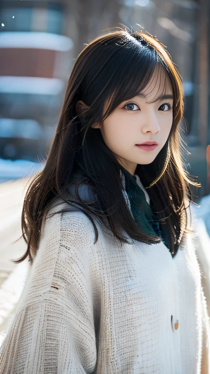 Snow falling background、It looks very cold、Christmas streetscape、Winter clothing、Portrait of a woman with her hands in her pockets, Highest quality、Hyper HD、Yoshitomo Nara, Japanese Model, Beautiful Japanese Girl, Short hair, 27 years old女性モデル, 4k yen ], 4K], 27 years old, sakimichan, sakimichan