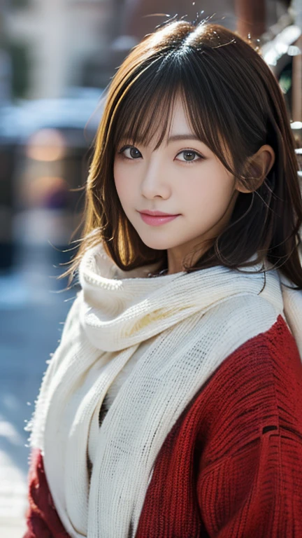 Snow falling background、It looks very cold、Christmas streetscape、Winter clothing、Portrait of a woman with her hands in her pockets, Highest quality、Hyper HD、Yoshitomo Nara, Japanese Model, Beautiful Japanese Girl, Short hair, 27 years old女性モデル, 4k yen ], 4K], 27 years old, sakimichan, sakimichan