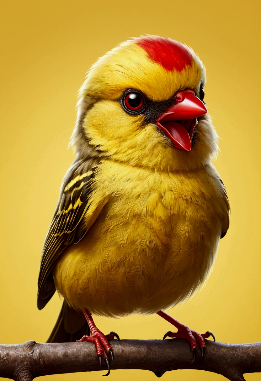 Cute little bird,Yellow body,Red Mouth,Simple Background,Cute expression。