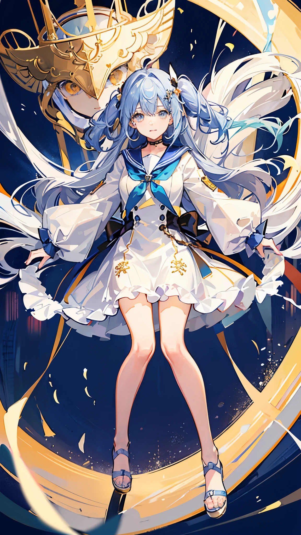 The background is an amusement park、Merry-go-round、Coffee cup、Crystal clear light blue hair、Her hair is gradated and white from the hairline to the middle.、Hair length is up to the knees、A shiny, light blue sailor suit、The hair ornament is glittering gold.、Silver hair ornament、She has big breasts、Adult face、