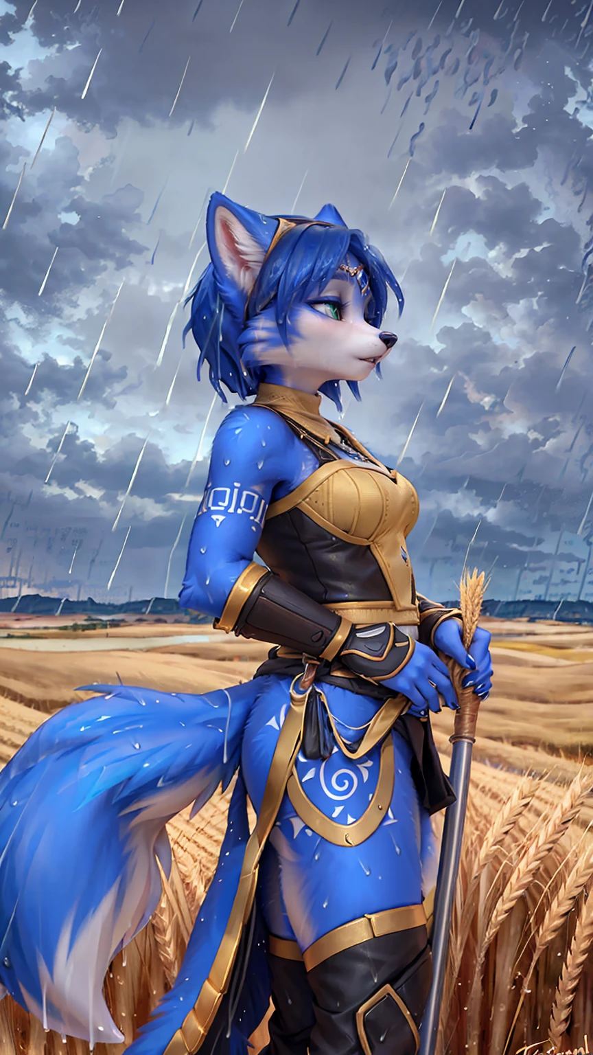 A beautiful and detailed (sweet picture) of ((Krystal)), Star Fox Krystal,  green eyes, medium breasts, (((Long blue hair 1.3))),  anthro, furry, (of Fluff-Kevlar, Bayard Wu, Personalami, Pino Daeni),  detailed fluffy fur, detailed face, (fluffy), 1 girl, alone, hair cover one eye:1.4, (((stands in the rain:1.4))), Heavy rain, storm, (((stands on a wheat field:1.3))), (((looks at the sky:1.4))), has a thoughtful facial expression, to see from the side, to see in profile, wears tribal clothing with leather armor, wears tribal top with leather armor