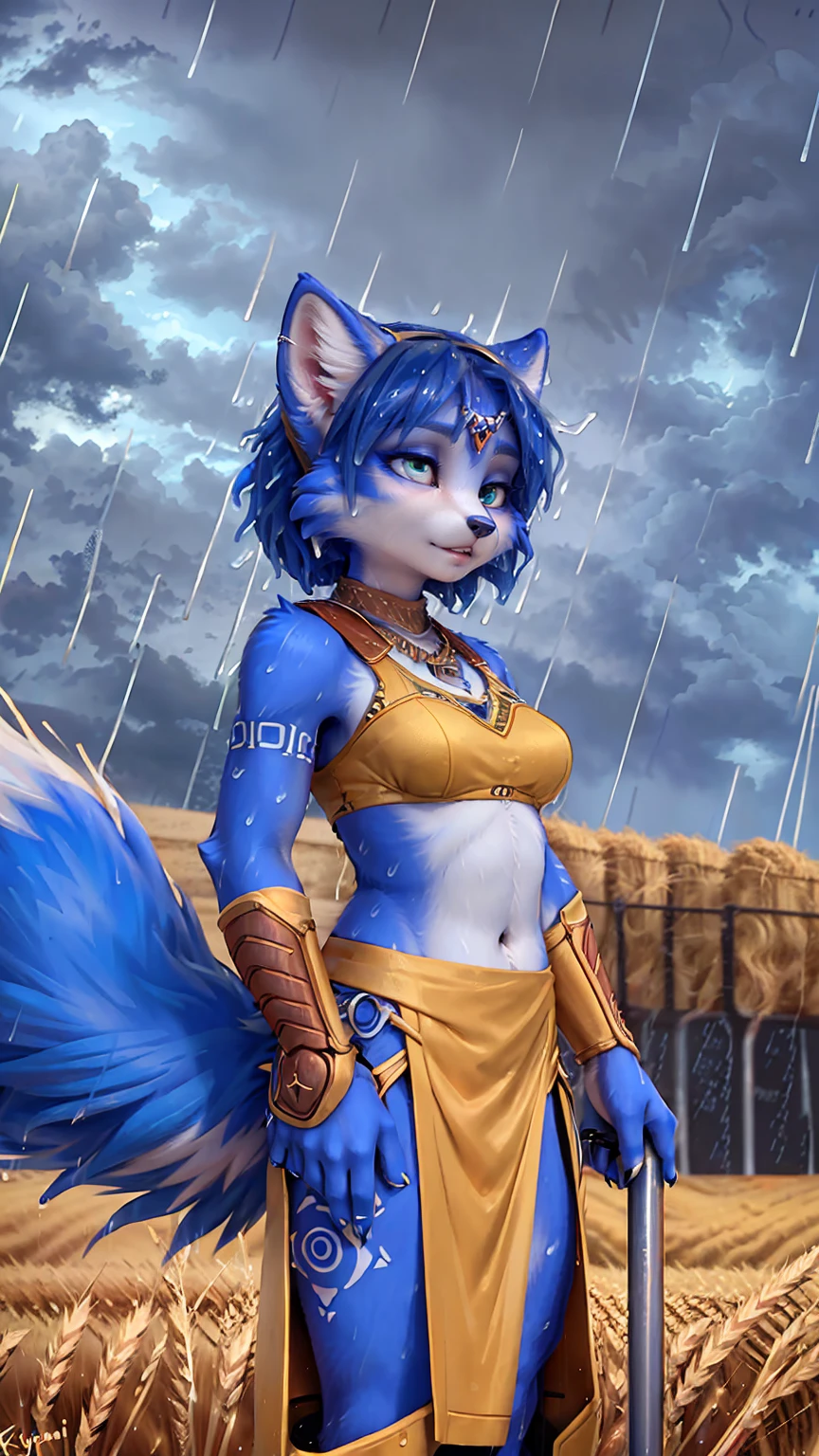 A beautiful and detailed (sweet picture) of ((Krystal)), Star Fox Krystal,  green eyes, medium breasts, (((Long blue hair 1.3))),  anthro, furry, (of Fluff-Kevlar, Bayard Wu, Personalami, Pino Daeni),  detailed fluffy fur, detailed face, (fluffy), 1 girl, alone, hair cover one eye:1.4, (((stands in the rain:1.4))), Heavy rain, storm, (((stands on a wheat field:1.3))), (((looks at the sky:1.4))), has a thoughtful facial expression, to see from the side, to see in profile, wears tribal clothing with leather armor, wears tribal top with leather armor