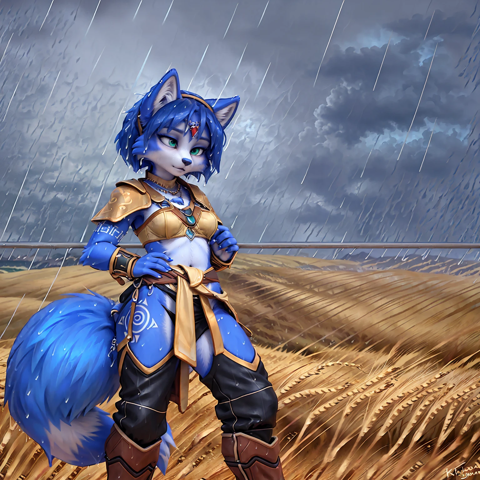 A beautiful and detailed (sweet picture) of ((Krystal)), Star Fox Krystal,  green eyes, medium breasts, (((Long blue hair 1.3))),  anthro, furry, (of Fluff-Kevlar, Bayard Wu, Personalami, Pino Daeni),  detailed fluffy fur, detailed face, (fluffy), 1 girl, alone, hair cover one eye:1.4, (((stands in the rain:1.4))), Heavy rain, storm, (((stands on a wheat field:1.3))), (((looks at the sky:1.4))), has a thoughtful facial expression, to see from the side, to see in profile, wears tribal clothing with leather armor, wears tribal top with leather armor
