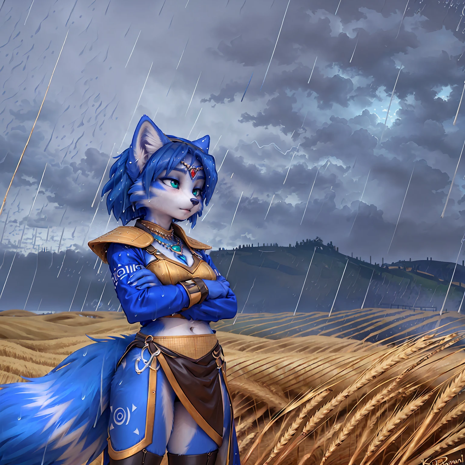 A beautiful and detailed (sweet picture) of ((Krystal)), Star Fox Krystal,  green eyes, medium breasts, (((Long blue hair 1.3))),  anthro, furry, (of Fluff-Kevlar, Bayard Wu, Personalami, Pino Daeni),  detailed fluffy fur, detailed face, (fluffy), 1 girl, alone, hair cover one eye:1.4, (((stands in the rain:1.4))), Heavy rain, storm, (((stands on a wheat field:1.3))), (((looks at the sky:1.4))), has a thoughtful facial expression, to see from the side, to see in profile, wears tribal clothing with leather armor, wears tribal top with leather armor