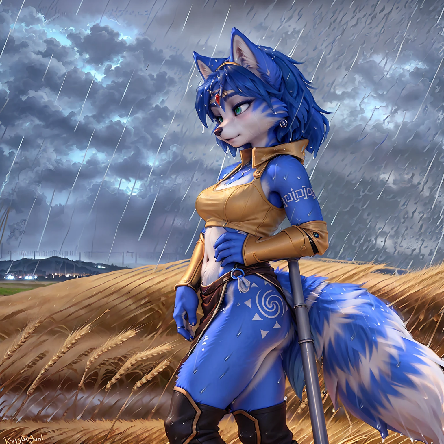 A beautiful and detailed (sweet picture) of ((Krystal)), Star Fox Krystal, green eyes, medium breasts, (((Long blue hair 1.3))), anthro, furry, (of Fluff-Kevlar, Bayard Wu, Personalami, Pino Daeni), detailed fluffy fur, detailed face, (fluffy), 1 girl, alone, hair cover one eye:1.4, (((stands in the rain:1.4))), Heavy rain, storm, (((stands on a wheat field:1.3))), (((looks at the sky:1.4))), has a thoughtful facial expression, to see from the side, to see in profile, wears tribal clothing with leather armor, wears tribal top with leather armor
