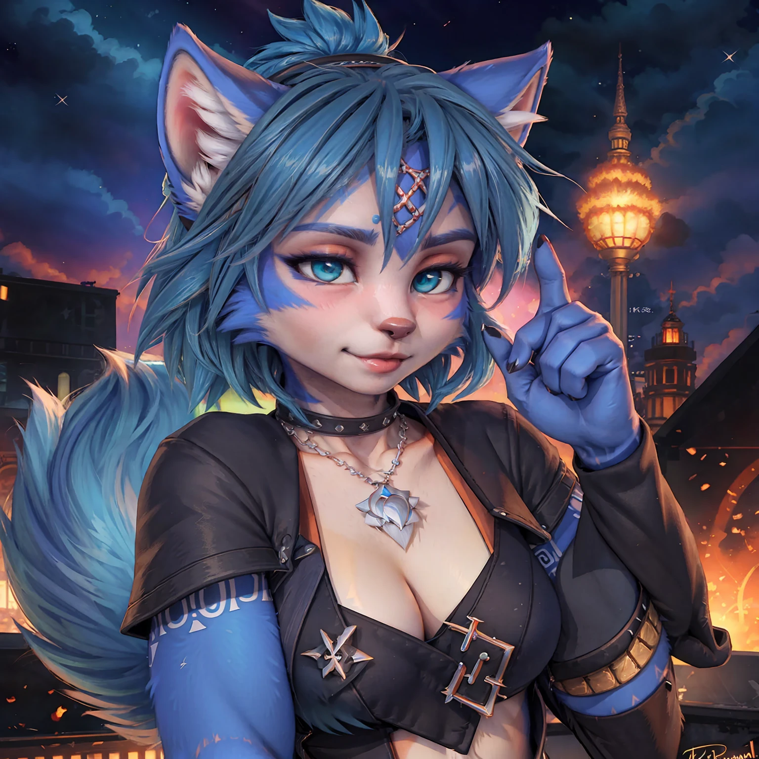 A beautiful and detailed (sweet picture) of ((Krystal)), Star Fox Krystal,  green eyes, medium breasts, (((Long blue hair 1.3))),  anthro, furry, (of Fluff-Kevlar, Bayard Wu, Personalami, Pino Daeni),  detailed fluffy fur, detailed face, (fluffy), 1 girl, alone, Haare bedecken ein Auge:1.4, großes glückliches Lächeln, giving you a thumbs hoch, 