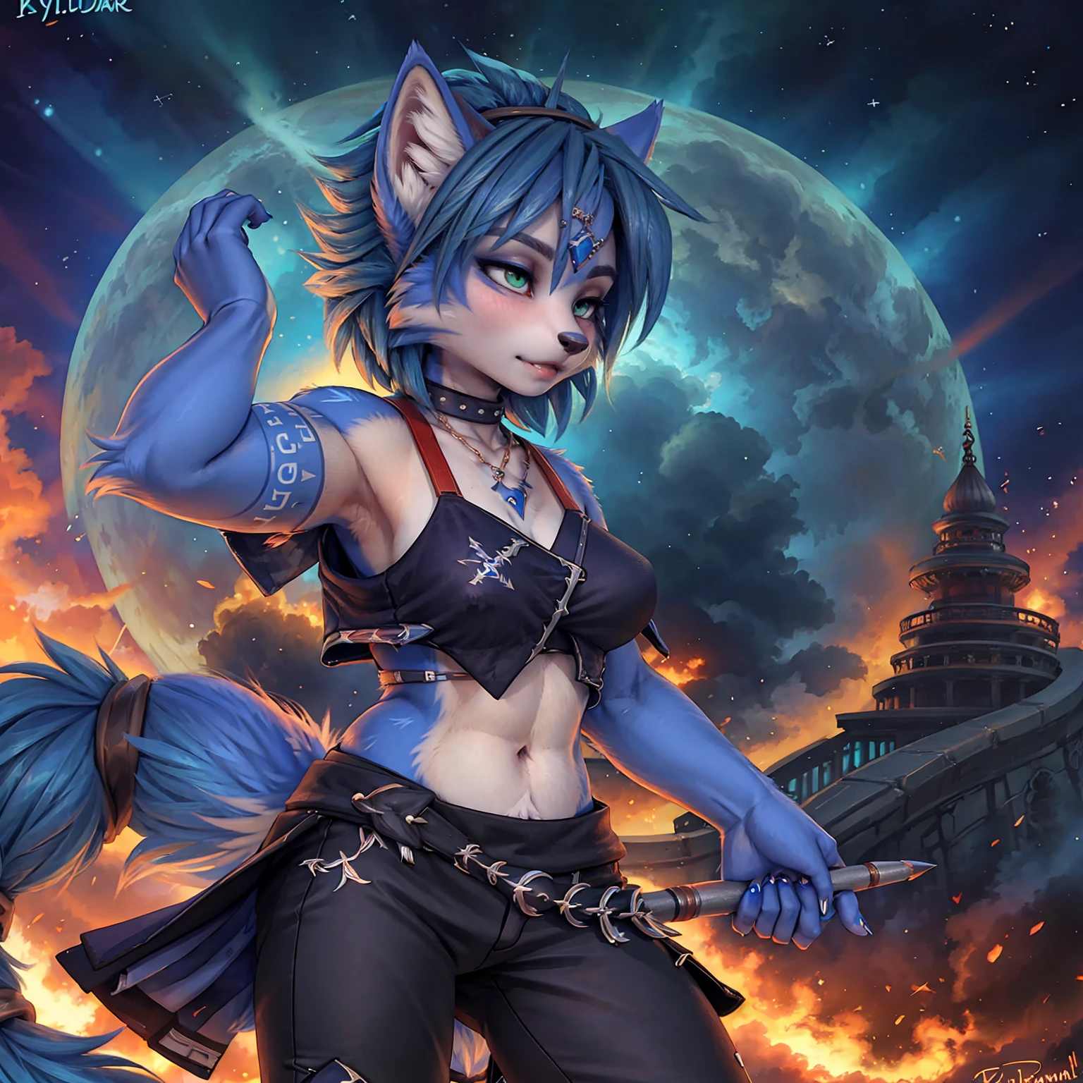 A beautiful and detailed (sweet picture) of ((Krystal)), Star Fox Krystal,  green eyes, medium breasts, (((Long blue hair 1.3))),  anthro, furry, (of Fluff-Kevlar, Bayard Wu, Personalami, Pino Daeni),  detailed fluffy fur, detailed face, (fluffy), 1 girl, alone, Haare bedecken ein Auge:1.4, großes glückliches Lächeln, giving you a thumbs hoch, 