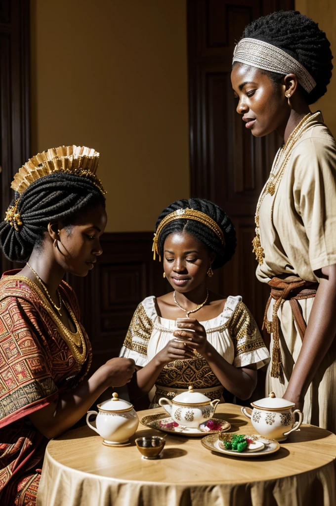Create engravings with segotexto: The scene depicts an afternoon tea, where a woman Mumuila, steeped in Angolan tradition, is involved in European habits, creating a fascinating cultural mix. Wearing typical Mumuila costumes, she shares the tea experience, incorporating European elements into the ceremony. This visual fusion represents a harmonious celebration of cultural diversity, uniting traditions from different origins in a singular moment.