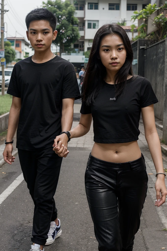 Thai couple, a 12-year-old Thai boy and a 12-year-old Thai girl, of the same height, thin and slender, walking hand in hand and wearing a black t-shirt and black pants. And they wear black bracelets on their arms.