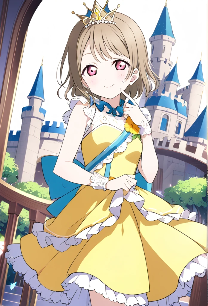 ((style:Colored pencil))Kasumi Nakasu, lovelive, Yellow-brown hair, Bobcut, short hair, ワンレングスBobcut, Asymmetrical Hair, Long left bangs, Red Eye, Yellow Dress, Party Dresses, adult, flare lens, Single, alone, whole body, smile, Finger in mouth, secret, Princess, crown shaped tiara, The background is inside the castle, Wonderland,