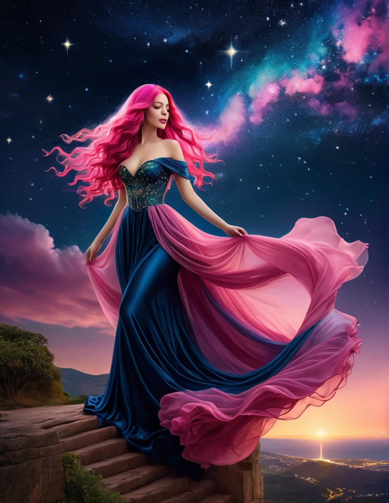 very attractive 25 year old female with long wavy bright pink hair, Landscape, A queen in a dress made of starry night veil is crisscrossing the Earth downstairs with her extraordinary long hem dragging. Enquanto ela caminha, Noite estrelada cai em seu caminho.　Uma fantasia noturna estrelada. Rosto bonito perfeito, perfect hands, arte de fantasia, Landscape,