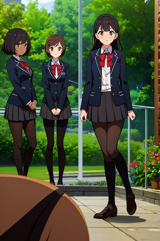 (Three Women:1.5) ,Dark Brown Hair,Black Hair,(Nose Brush:1.7) ,Surprised,(school uniform),(Panties in full view:1.7),(Extremely high quality),(mini skirt),nature,garden,Shiny legs, Thighs,Cute face,tall,squat,Wet and see-through