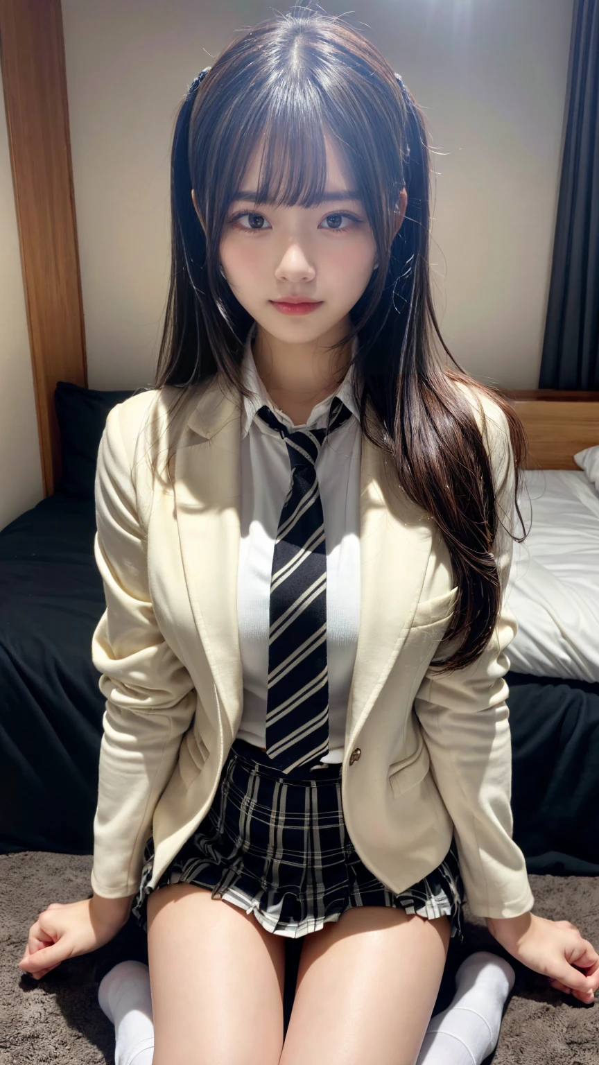 (absurdres:1.3), (highres:1.3), (ultra detailed:1.3),(1girl:1.3), (extremely detailed CG unity 8k wallpaper:1.3), (detailed skin texture, detailed cloth texture, detailed hair texture), (beautiful detailed face, supermodel, pale skin, realistic glistening skin), (RAW photo, best quality), (realistic, photo-realistic:1.4), masterpiece, extremely delicate and beautiful,Amazing, finely detail, extremely detailed CG unity 8k wallpaper, huge filesize, ultra-detailed, highres, absurdres, soft light,rim light, vibrant details, hotel room, straight hair, large breasts, black hair color, Big Natural Color Lip, (perfect body shape), beautiful legs, BREAK (Ivory-white theme:1.4), (Ivory-white blazer:1.4), (school uniform:1.2), (long sleeve:1.2), (white shirt:1.3), (white socks:1.2),
BREAK (black and white theme:1.2), (black and white stripes tie:1.3), (black and white tartan-check pleated skirt:1.2),
BREAK (brown loafers:1.2), crying a little、little smile, Harajuku style、20 year old girl、cute type、lolita、