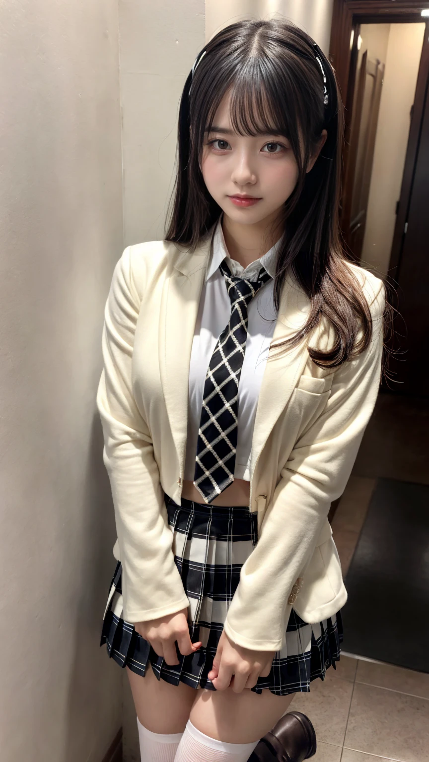 (absurdres:1.3), (highres:1.3), (ultra detailed:1.3),(1girl:1.3), (extremely detailed CG unity 8k wallpaper:1.3), (detailed skin texture, detailed cloth texture, detailed hair texture), (beautiful detailed face, supermodel, pale skin, realistic glistening skin), (RAW photo, best quality), (realistic, photo-realistic:1.4), masterpiece, extremely delicate and beautiful,Amazing, finely detail, extremely detailed CG unity 8k wallpaper, huge filesize, ultra-detailed, highres, absurdres, soft light,rim light, vibrant details, hotel room, straight hair, large breasts, black hair color, Big Natural Color Lip, (perfect body shape), beautiful legs, BREAK (Ivory-white theme:1.4), (Ivory-white blazer:1.4), (school uniform:1.2), (long sleeve:1.2), (white shirt:1.3), (white socks:1.2),

BREAK (black and white theme:1.2), (black and white stripes tie:1.3), (black and white tartan-check pleated skirt:1.2), 

BREAK (brown loafers:1.2), crying a little、little smile, Harajuku style、20 year old girl、cute type、lolita、