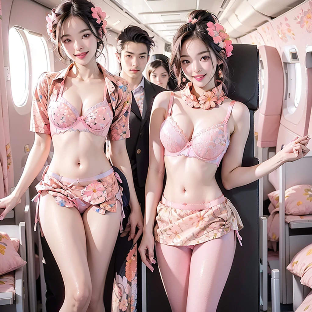 ((Highest quality、Tabletop、8K、Best image quality、Hyperrealism))、（（1 female stewardess、walk gracefully down the aisle、Cowboy Shot、Take a photo of her from the waist up))、((The background is the first class aisle of an airplane..))、((perfect stewardess uniform、Very short nylon scarf))、(Exposing the forehead、Hair Bun)、Big ample breasts、Biggest Smile、white big teeth、Perfect Makeup、Long eyelashes、Look at me、Have the best smile、Perfect Anatomy、Bright lighting
((((((((Pink floral panties and bra are visible))))))))
Full body photo