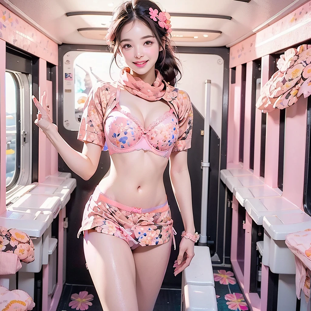 ((Highest quality、Tabletop、8K、Best image quality、Hyperrealism))、((1 female stewardess、walk gracefully down the aisle、Cowboy Shot、Take a photo of her from the waist up))、((The background is the first class aisle of an airplane..))、((perfect stewardess uniform、Very short nylon scarf))、(Exposing the forehead、Hair Bun)、Big ample breasts、Biggest Smile、white big teeth、Perfect Makeup、Long eyelashes、Look at me、Have the best smile、Perfect Anatomy、Bright lighting
((((((((Pink floral panties and bra are visible))))))))
Full body photo