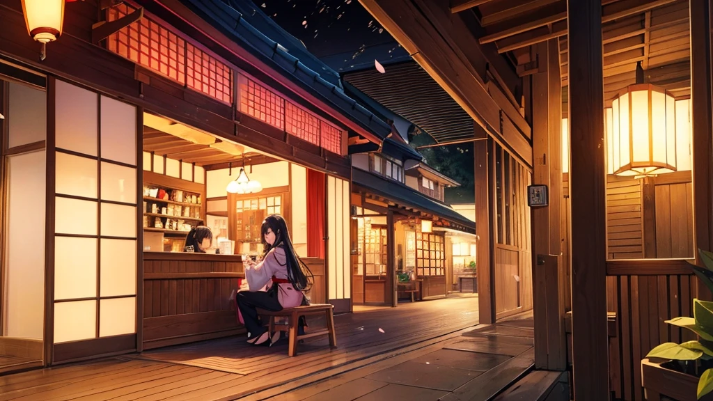 At a quiet cafe in the city at night、Neon lights shine through the window。A beautiful girl sitting in a corner of the cafe、Relaxing with a cup in hand。She has big bright eyes and long black hair、She wears simple and cute clothes。The atmosphere is calm、The background is in soft pastel colors.、The soft tones of blue and pink are reflected.。Cherry blossom petals fluttering、Japanese umbrellas and traditional Japanese decorations are incorporated into some parts of the cafe.。