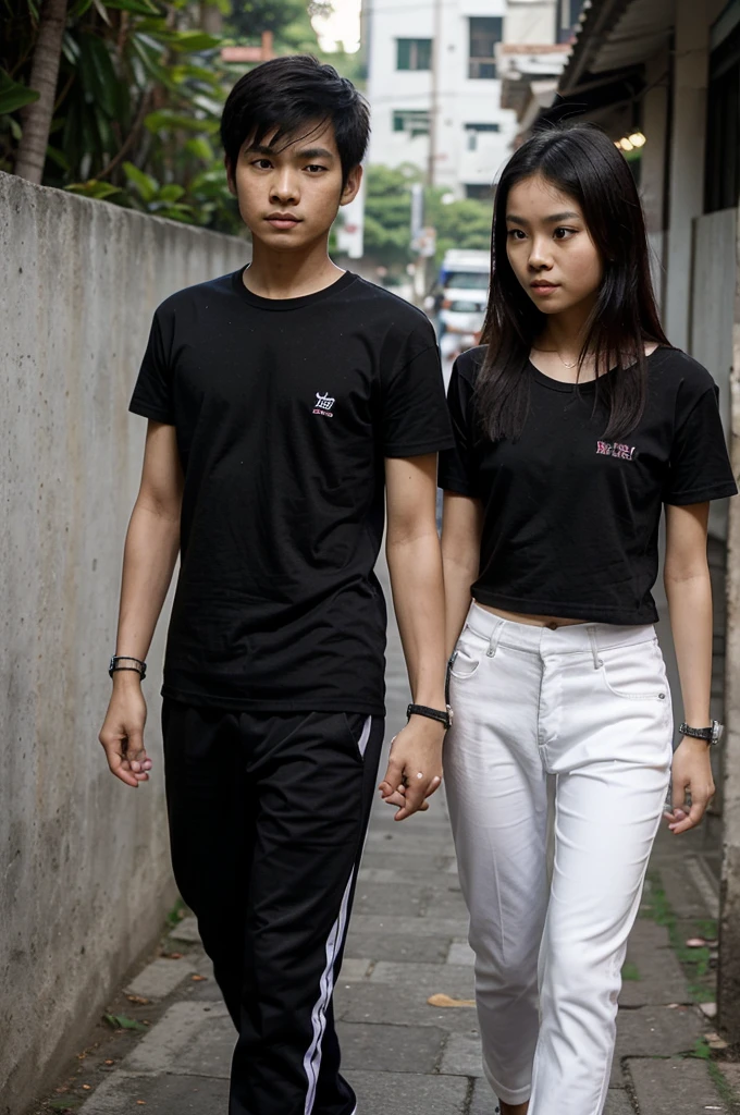 Thai couple, a 12-year-old Thai boy and a 12-year-old Thai girl, of the same height, thin and slender, walking hand in hand and wearing a black t-shirt and black pants. And they wear black bracelets on their arms.