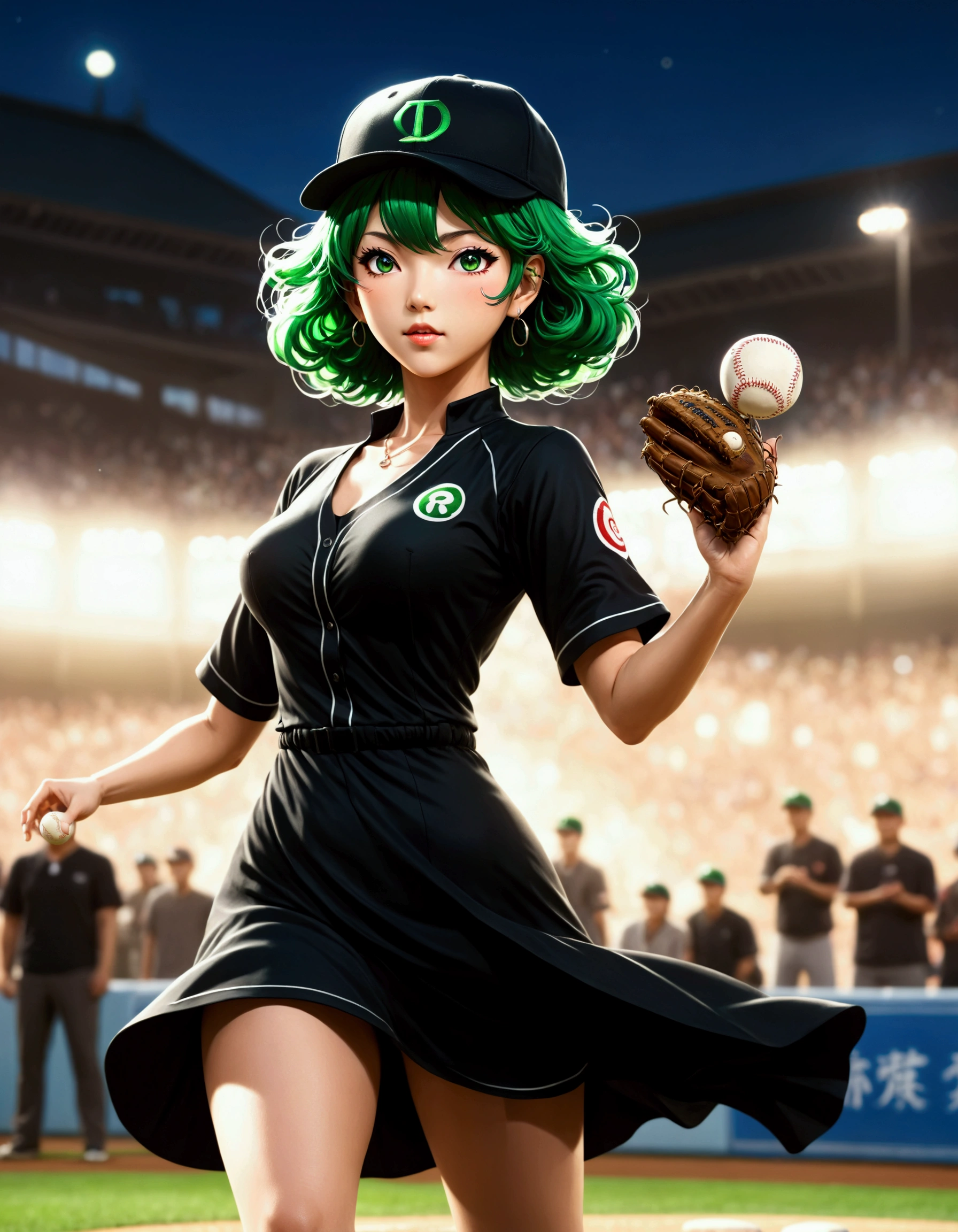 A beautiful Japanese woman (Tatsumaki,black dress, green hair) in a baseball cap pitching a ball, dynamic pitching pose, crowd cheering in the background, bokeh effect, anime style, highly detailed, intricate, vibrant colors, cinematic lighting, photorealistic, masterpiece, (show her entire body, show all of her, show her entire body)
