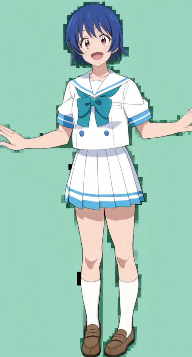 18-year-old, young girl, anime, short hair, pretty eyes, blue hair, full body, sailor suit, short pleated skirt, big smiling very happy, BREAK (simple background), (stand up straight), anatomically correct