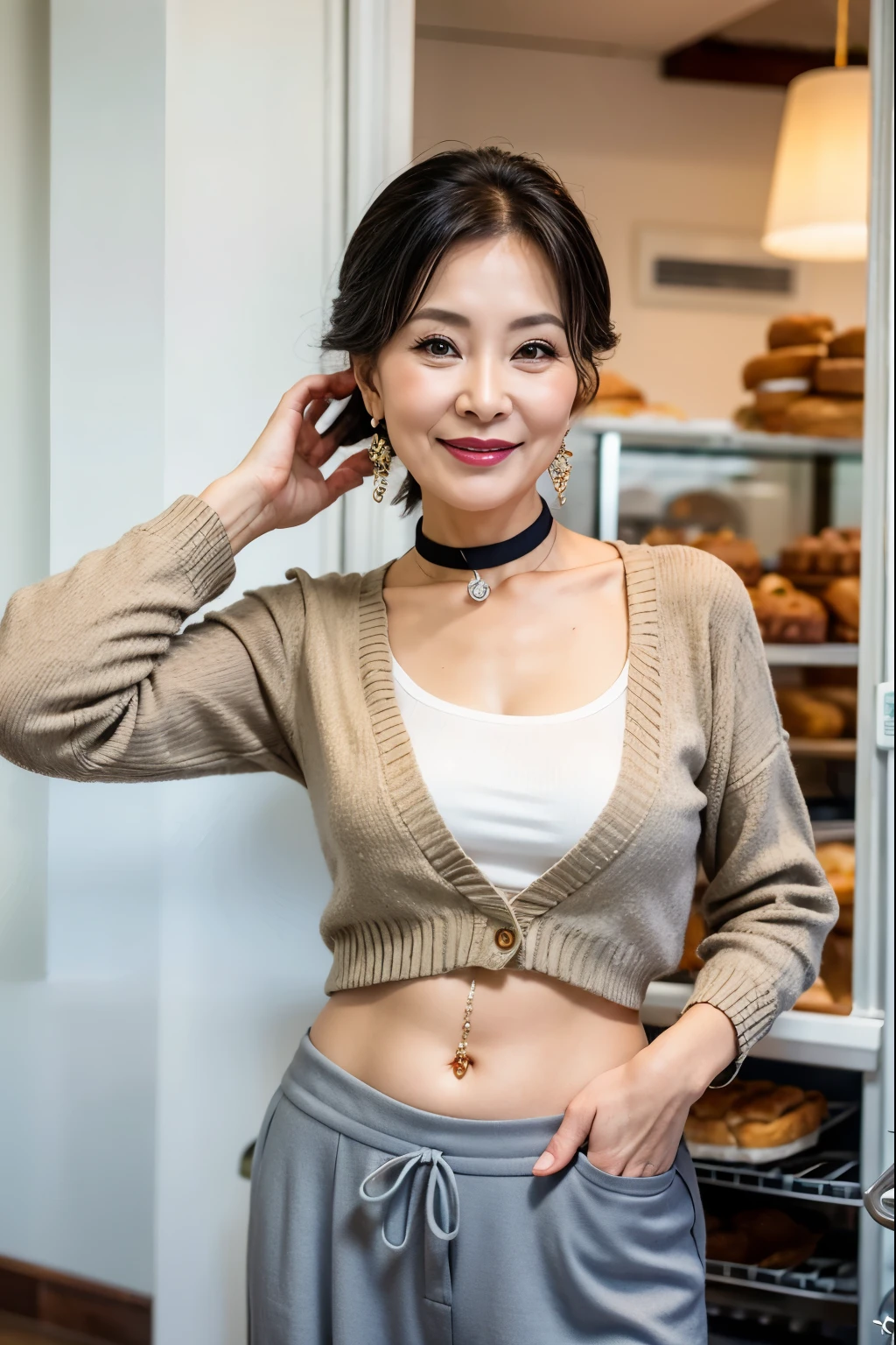  cardigan, Wide leg pants　75 years old　mom　milf　Chinese Lady　large earring　Big choker　navel piercing decoration　A bracelet　Silver Hair　realisitic　Gorgeous Madame Beautiful Mature Woman　sexly　Smile　Gentle woman navel piercing　４K　High quality bakery　Bakery Shop　open sandwich　breakfast　Gorgeous Madame Beautiful Mature Woman