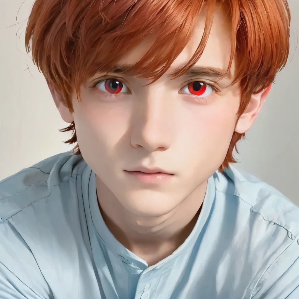 best quality, masterpiece, solo, 1boy, red hair, shirt,  red eyes, white beckground, full faces
