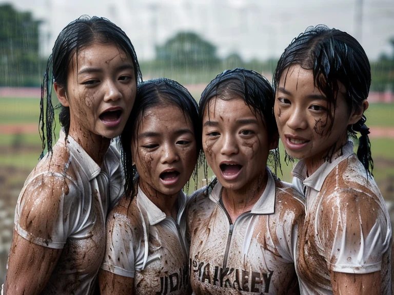 (A plain white short sleeved dirt stained field hockey uniform with a very tight white half zip:1.7)、(A large, muddy, white square collar: 1.9)、(Red clay ground:1.5)、My hair is wet and messy、(Beautiful Japanese woman covered in dirt:1.9)、Highest quality, masterpiece, Ultra-high resolution, Photorealistic, Raw Photos,Detailed face, (Fastener open: 1.8), (Upper body zoom up:1.0),(Everyone wears the same clothes:1.0), All members are super beauties, (Beautiful Japanese women huddled together in the rain: 1.9), (Hair tied up: 1.4), (Eyes closed: 2.0), Bright photo, (Soaked from head to torrential rain: 1.8), (All muscular: 2.4)
