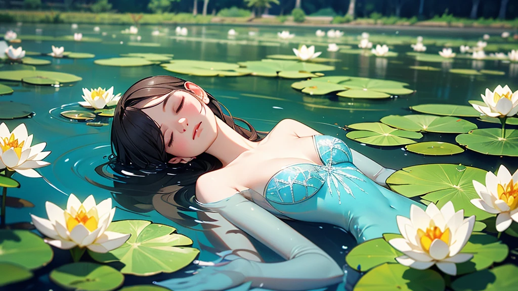 Aarav woman lies in the water with a lily pad on her face., Sleep on a lily pad, Lots of Merlot,  floating in a field of flowers, In the style of Petra Collins, Inspired by Elsa Belda, Dreamy and ethereal., In the pool, By Maud Naftel, Inspiration from Anka Zhuravleva, By Irakli Nadar