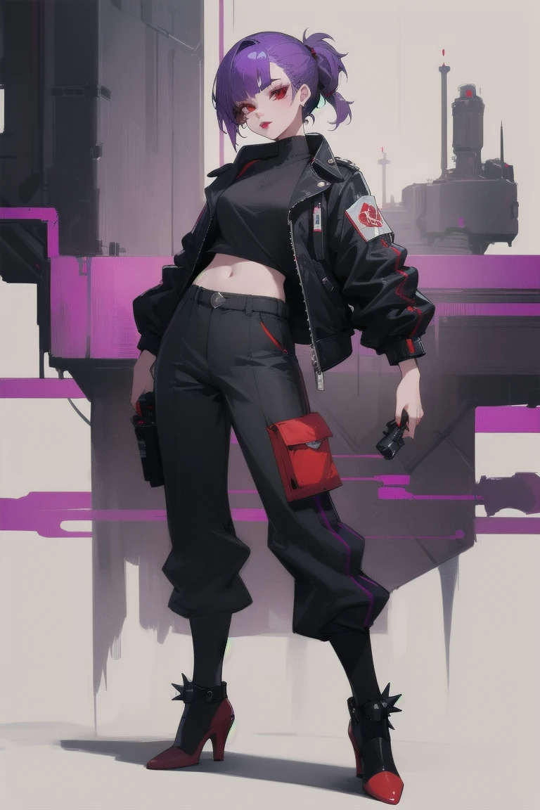 ((Highest quality)), ((masterpiece)), (Familiar), One adult female,Purple Hair, Slanted Eyes,short hair, Low Ponytail, eye shadow, lipstick, Red eyes,Purple Hair,Spiky Hair,Black inner shirt,White Cargo Pants,Red and black jacket, White hot pants,Red high heels,cyber punk