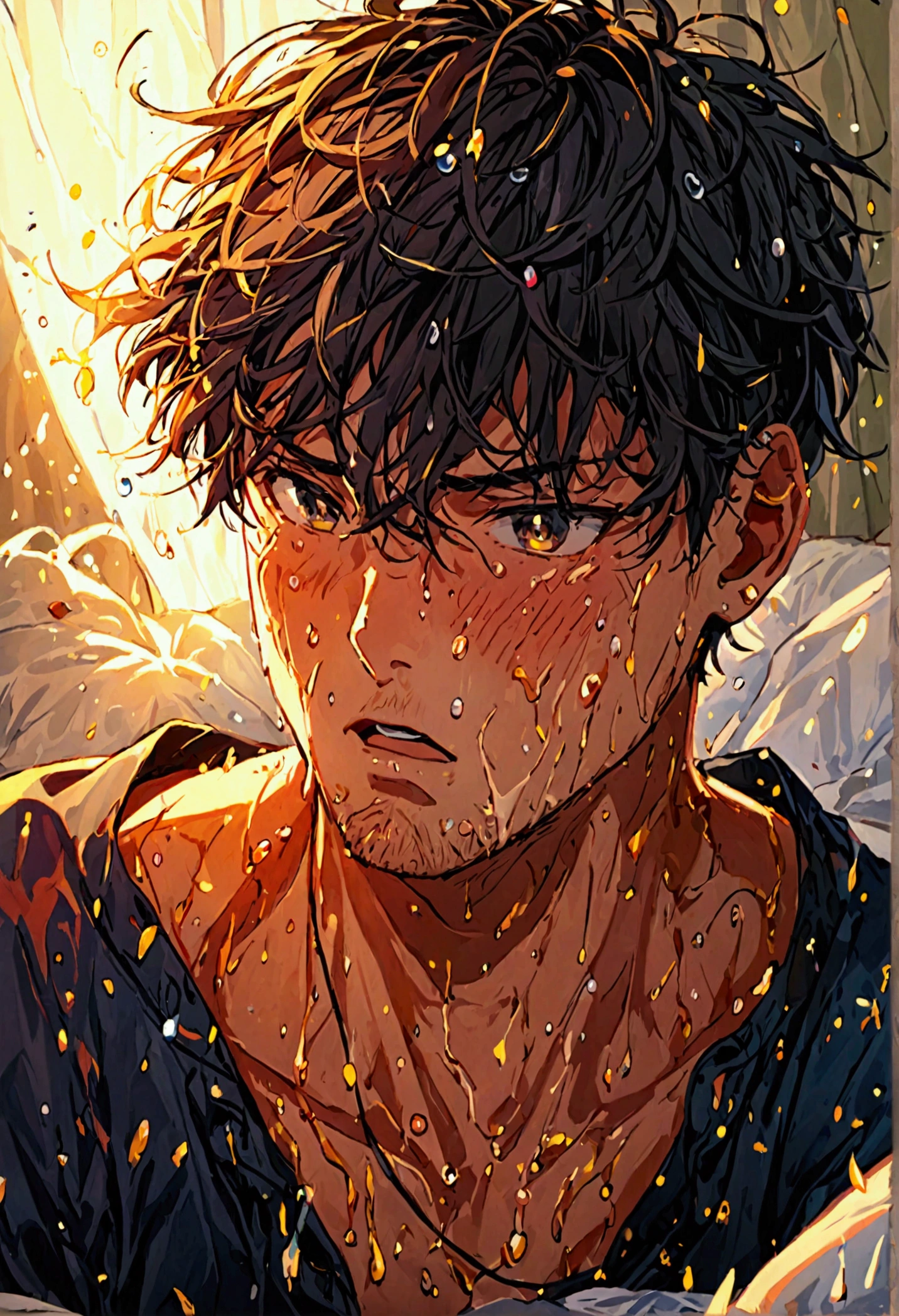 This is a close-up of a fat man，Disheveled hair，A surprised expression appeared on his face，Sweat beads on face，He sat on the bed，panoramic，Surrounded by messy sheets and scattered pillows。The soft light from the table cast a warm glow on his face.，Highlighting the surprise and confusion on his face。