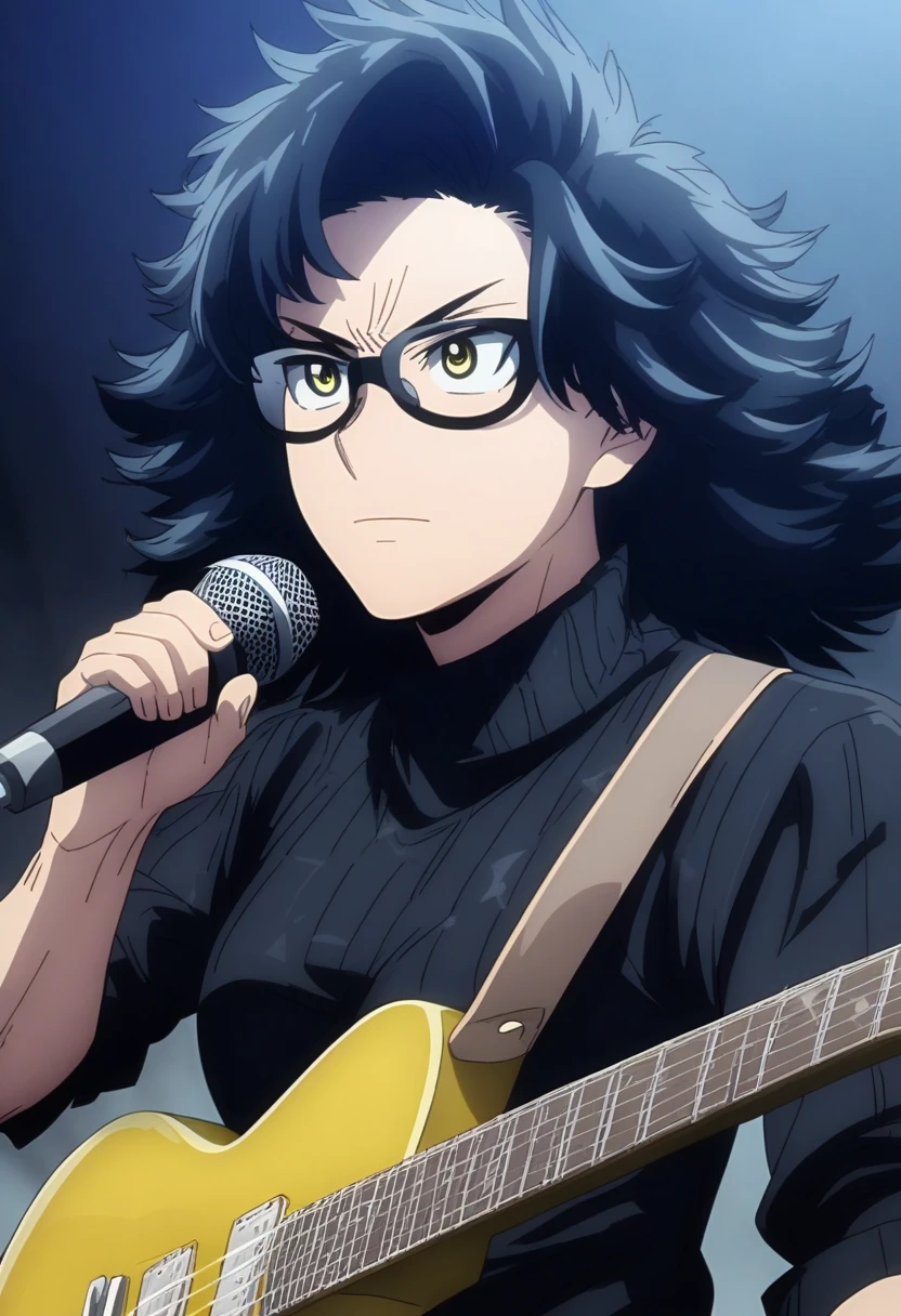 Screenshot My hero academia Boy with medium short wavy hair, half black hair and half blue tired yellow eyes,Black long-sleeved ripped sweater and messy blue tie,with an electric guitar playing at a concert and black round glasses, serious expression singing into a microphone,attractive