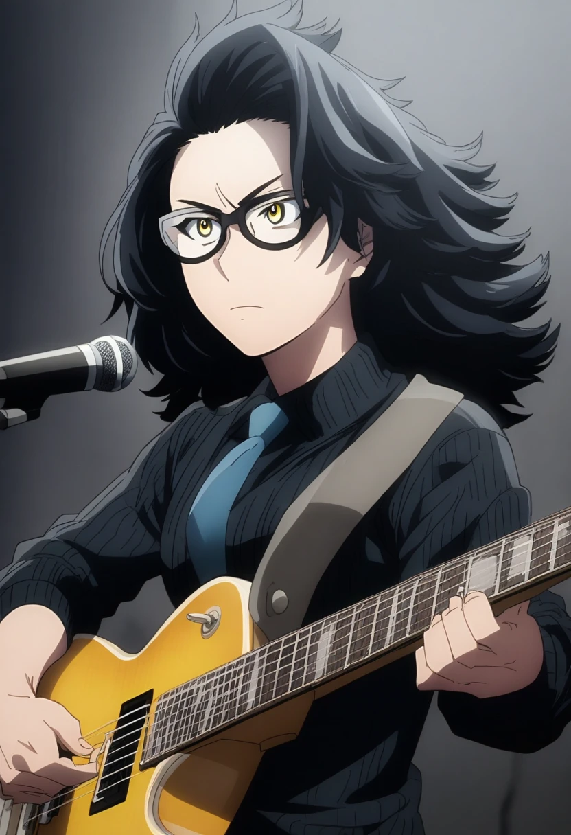 Screenshot My hero academia Boy with medium short wavy hair, half black hair and half blue tired yellow eyes,Black long-sleeved ripped sweater and messy blue tie,with an electric guitar playing at a concert and black round glasses, serious expression singing into a microphone,attractive