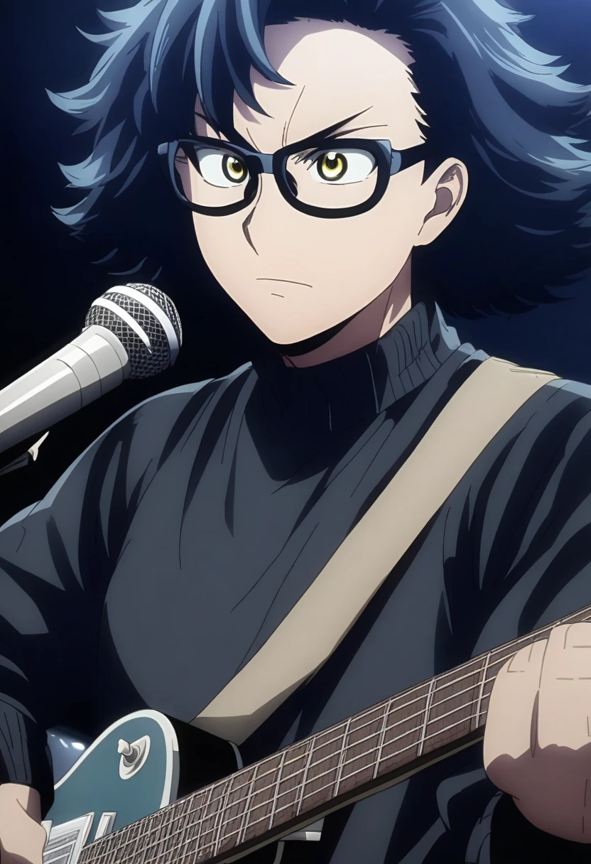 Screenshot My hero academia Boy with medium short wavy hair, half black hair and half blue tired yellow eyes,Black long-sleeved ripped sweater and messy blue tie,with an electric guitar playing at a concert and black round glasses, serious expression singing into a microphone,attractive