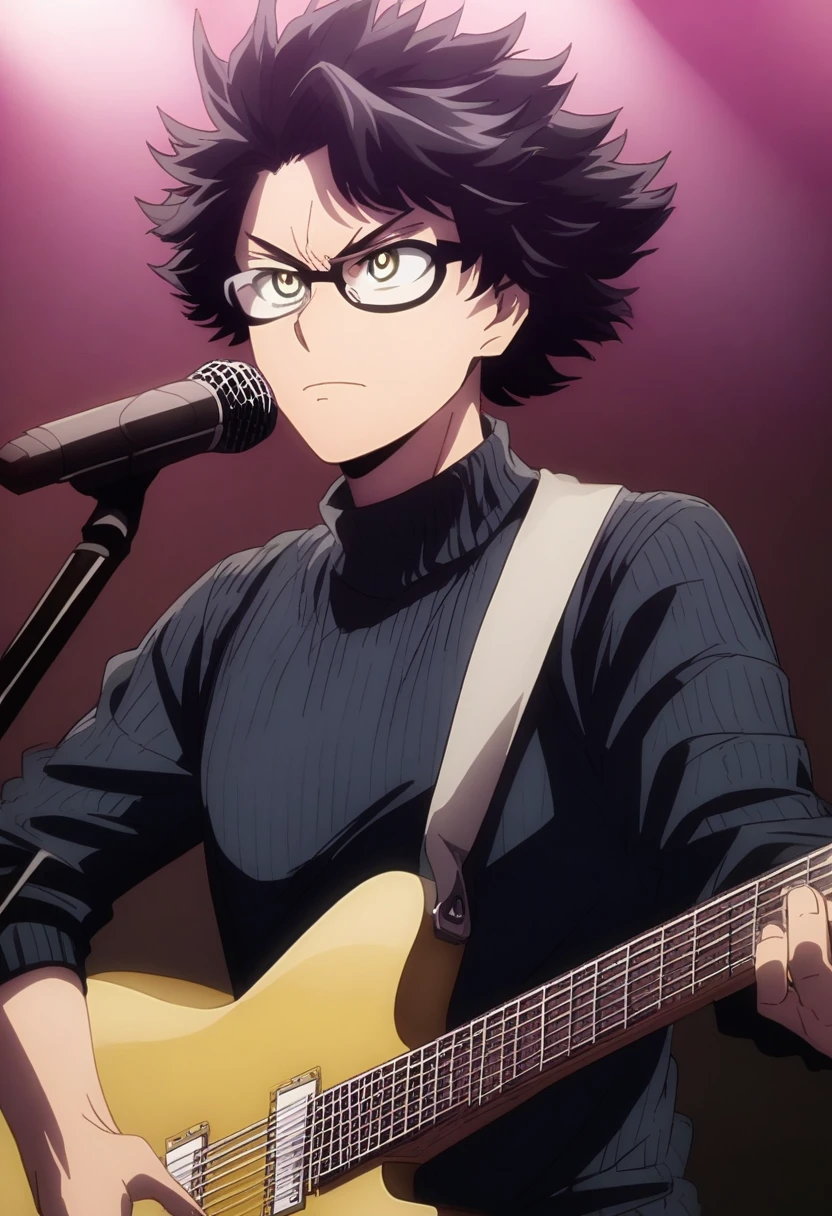 Screenshot My hero academia Boy with medium short wavy hair, half black hair and half blue tired yellow eyes,Black long-sleeved ripped sweater and messy blue tie,with an electric guitar playing at a concert and black round glasses, serious expression singing into a microphone,attractive