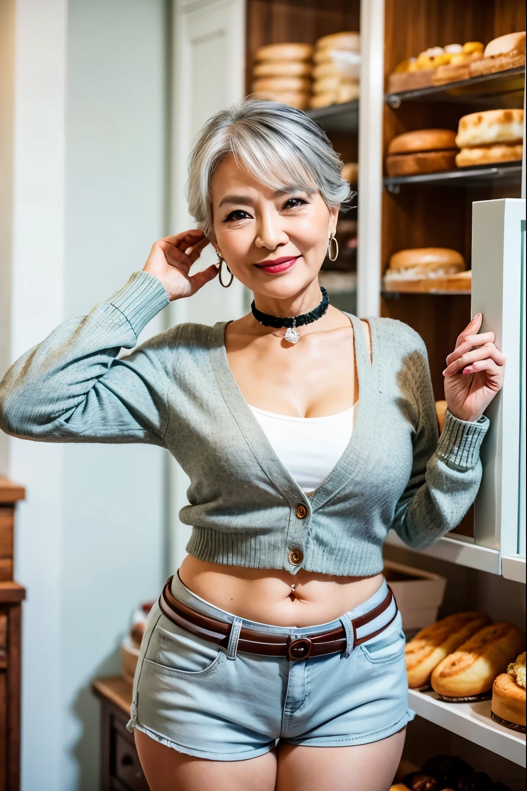  cardigan　75 years old　mom　milf　Chinese Lady　large earring　Big choker　navel piercing decoration　A bracelet　Silver Hair　realisitic　Gorgeous Madame Beautiful Mature Woman　sexly　Smile　Gentle woman navel piercing　４K　High quality bakery　Bakery Shop　open sandwich　breakfast　Leather shorts