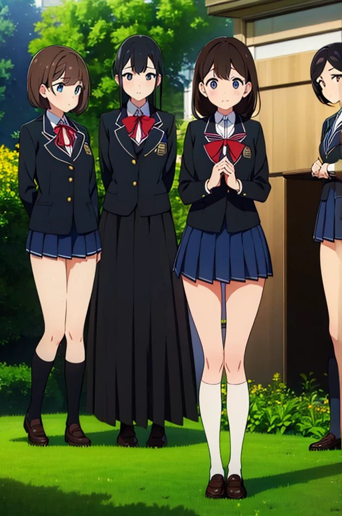 (Three Women:1.5)　,Dark Brown Hair,Black Hair,（Nose Brush:1.7） ,Surprised,(school uniform),（Panties in full view:1.7),(Extremely high quality),（mini skirt）,nature,garden,Shiny legs, Thighs,Cute face,tall,squat,Wet and see-through