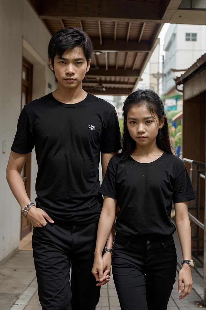 Thai couple, a 12-year-old Thai boy and a 12-year-old Thai girl, of the same height, thin and slender, walking hand in hand and wearing a black t-shirt and black pants. And they wear black bracelets on their arms.