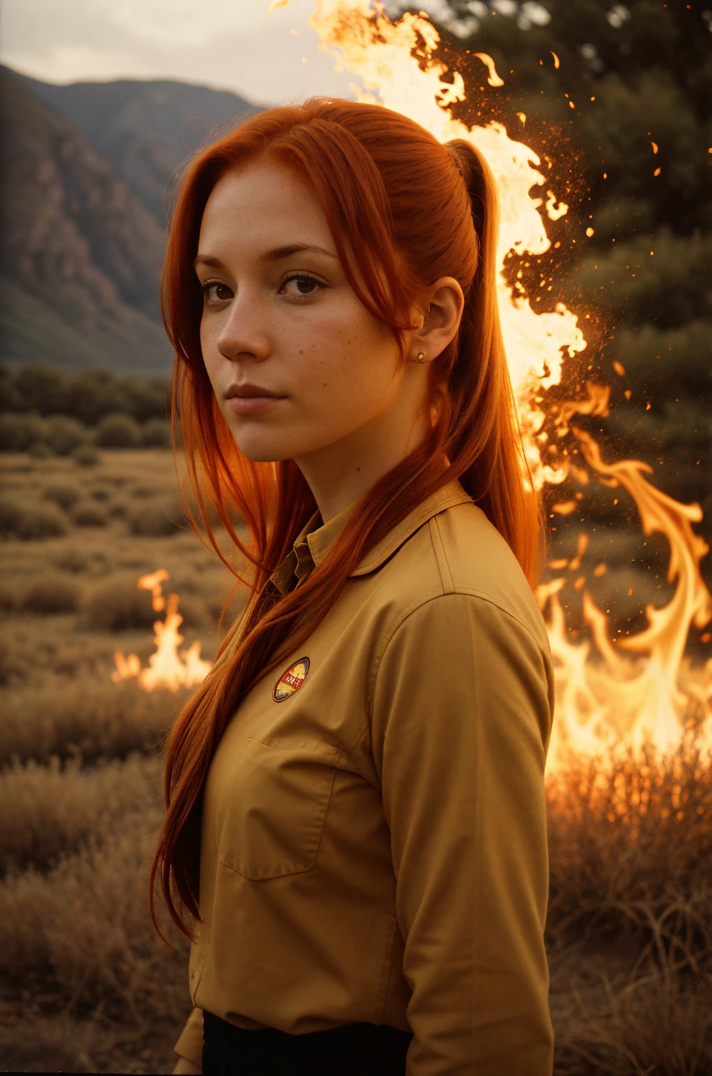 35yo, redhead, a side ponytail, landscape with fire, Environmental portrait, Sigma fp, 45mm f/2.8 DG DN Contemporary, Kodak Gold 200, sepia filter