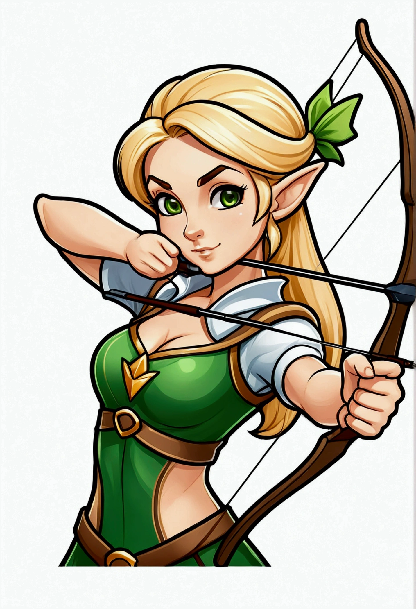 logo mascot, vector, bold outline, girl, anime style, elf, blonde hair, long hair, cute face, smirk, archer, bow, medium breast, half body, aggressive pose, attacking, looking at viewer, digital illustration, low highlight, soft shading, isolated background, white background.