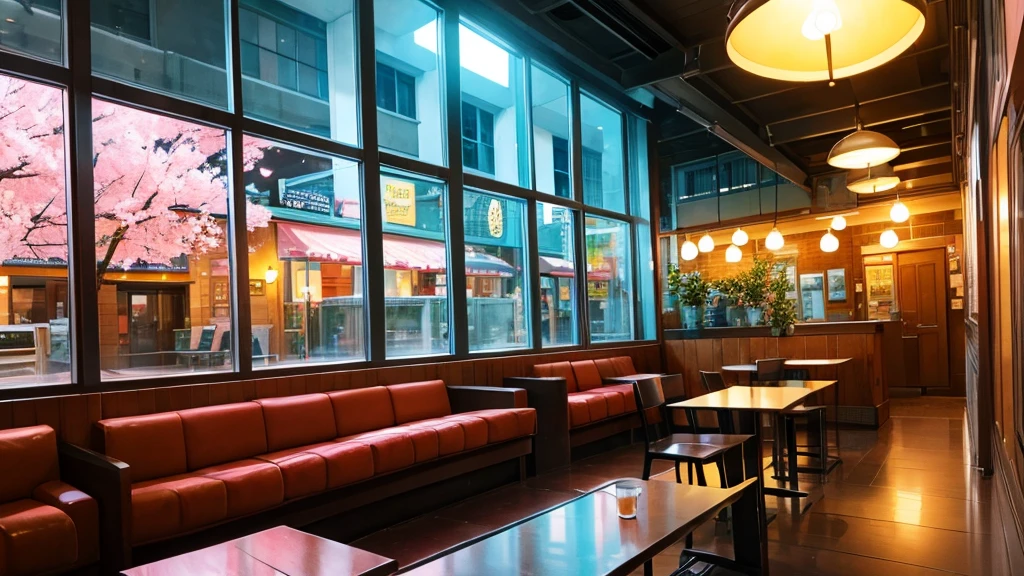 "In a quiet coffee shop in the nighttime city, neon lights gently shine through the windows. In one corner of the café, a character sits relaxed, with long hair shimmering and large eyes calm, holding a warm coffee cup. The background features soft pastel colors with soothing tones of blue and pink. The café is adorned with bookshelves and potted plants, and outside, the night is illuminated by blooming cherry blossoms."